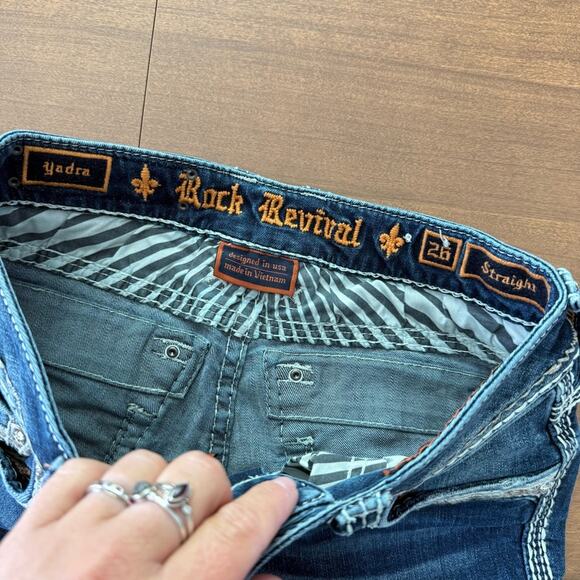 Rock Revival | Womens Yadra Straight Stretch Jean Dark Wash Embellished Denim 26 - Picture 8 of 10